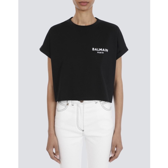 Balmain Cropped Eco-Designed Cotton T-Shirt Tee Flocked Logo Black XL NWT - Picture 1 of 14